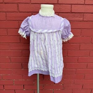 Vintage 80s Girls Purple Daisy Floral Lace Trim Dress Girls Size 4 Cotton Blend